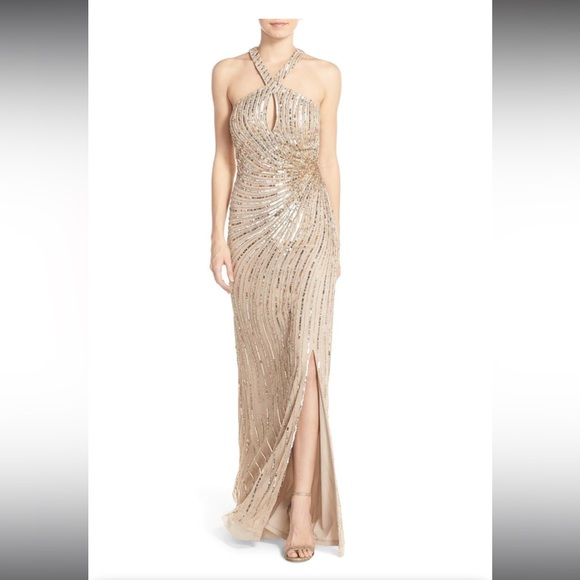 Adrianna Papell flutter dress halter keyhole gold size 4 - Picture 5 of 8